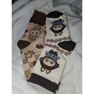 Hey Labubu -2 Pairs of Brown & Cream Novelty Socks One Size